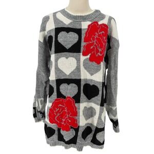 Vintage Traffic Jam Sweater Gray Heart Rose Intarsia Knit Oversized Pullover L